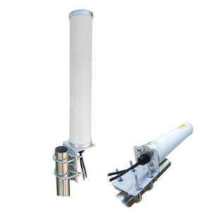 Two white cylindrical industrial sensor components with metal mounting brackets, shown from different angles (vertical tube and a horizontal unit with wires).
